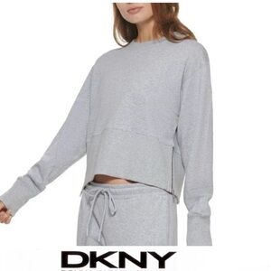 DKNY Sport Gray Cropped Cotton Pullover Side Zippers Long Sleeve Sweatshirt Sz L